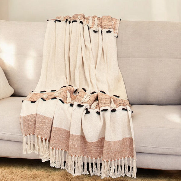 Homeroots 50" X 60" Brown And Ivory Woven Cotton Striped Throw Blanket With Tassels  Cotton 478666