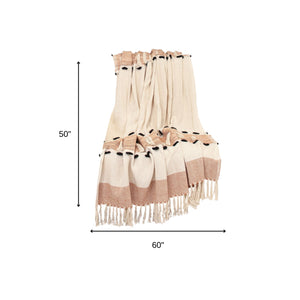 Homeroots 50" X 60" Brown And Ivory Woven Cotton Striped Throw Blanket With Tassels  Cotton 478666