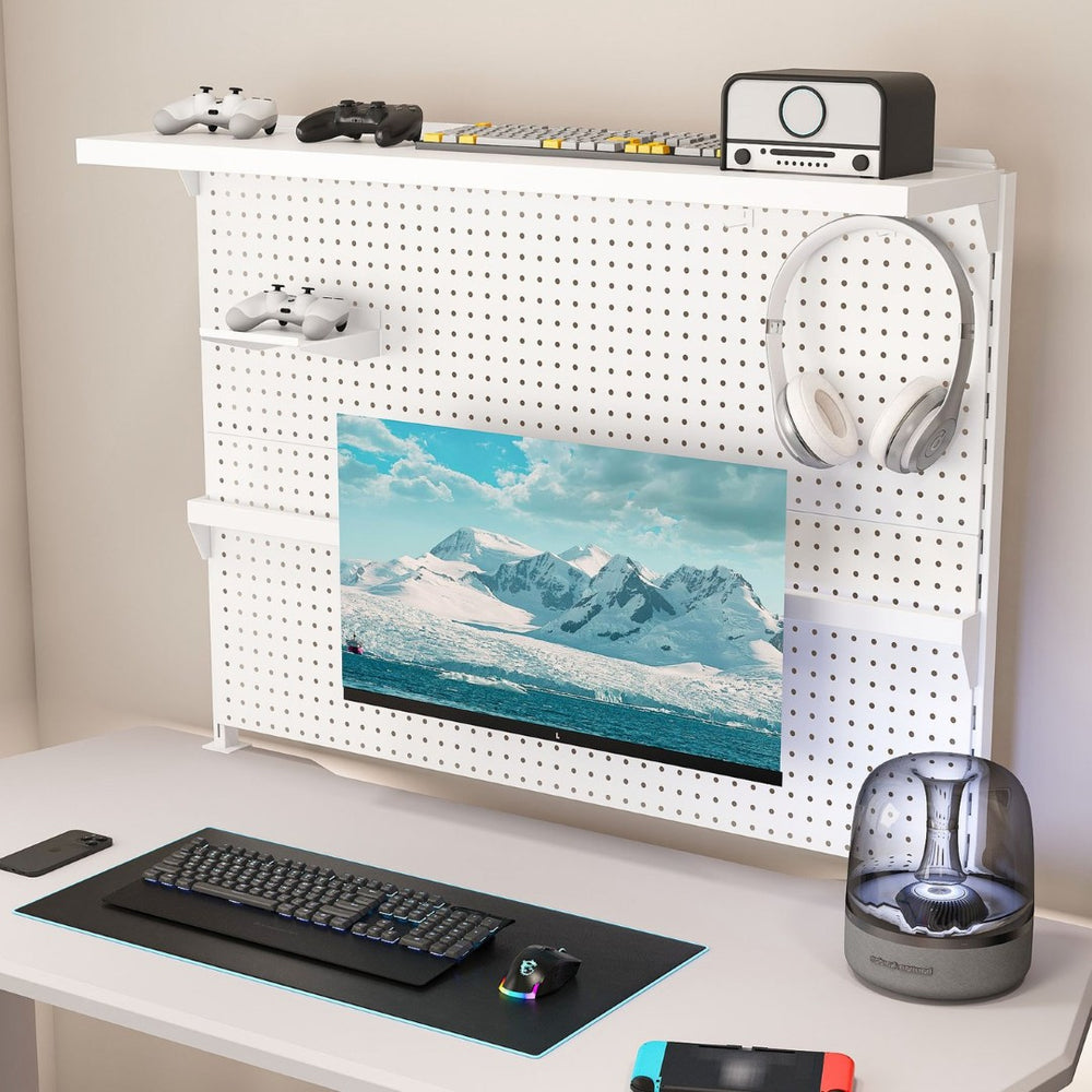 English Elm Clamp-on Steel Pegboard Desk Organizer with Monitor Arm Shelf and Movable Panel W2700P346783