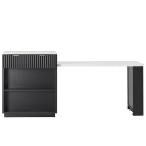 English Elm K&K Fluted Kitchen Island with Extendable Dining Table, Art Deco Mid-Century Design, Built-In Power Hub, Gold Handle Black N707S000018B