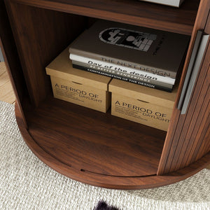 English Elm Mid Century Walnut Round End Table with Charging Station and Sliding Door Storage W2700P385517
