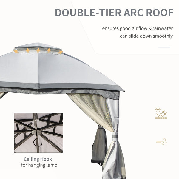 English Elm Gazebo Steel Frame Screened Patio Shelter with Double Tier Roof and Mesh Walls T3971P388788