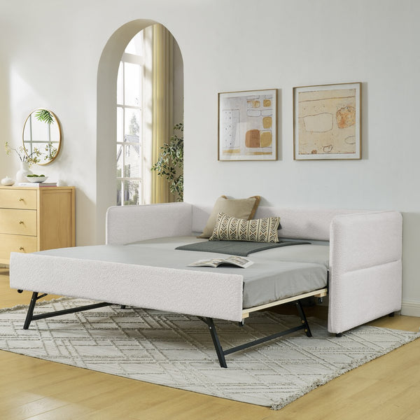 English Elm Daybed With Trundle - Elegant Tufted Sofa Bed In Soft Beige Boucle For Stylish Small Spaces & Guests W1413S00092