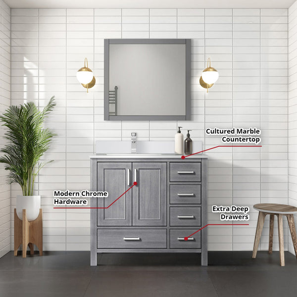 English Elm Distressed Grey Bath Vanity Set With Left Offset Cultured Marble Top, Mirror & Faucet Included! B2731S01332