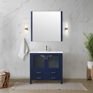 English Elm Navy Blue Bath Vanity Set With White Ceramic Top, Soft-Close Storage & Matching 34" Mirror Included B2731S00727