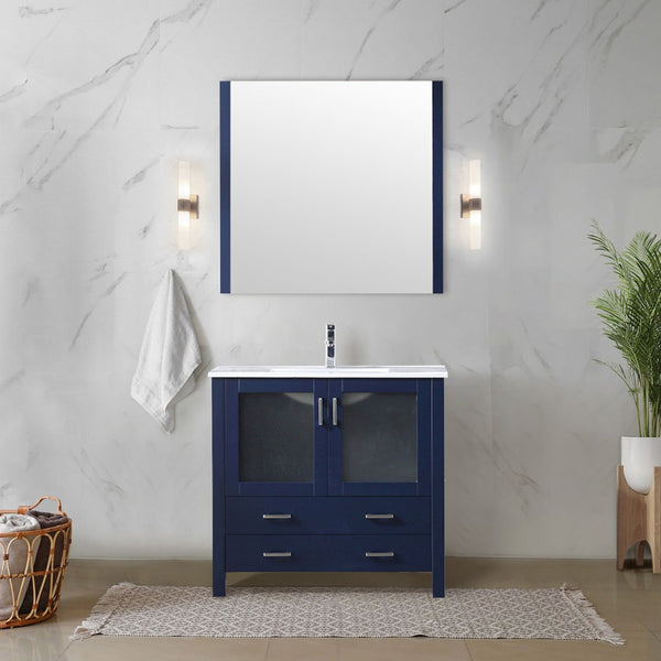 English Elm Navy Blue Bath Vanity Set With White Ceramic Top, Soft-Close Storage & Matching 34" Mirror Included B2731S00727