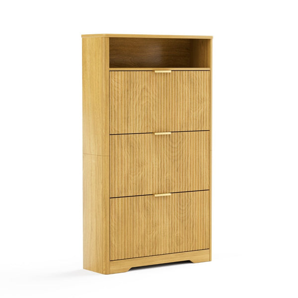 English Elm Shoe Cabinet Slim Entryway Organizer with Flip Compartments Wave Front and Gold Hardware Natural W1162P384348
