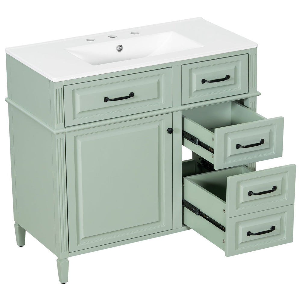 English Elm 36-Inch Modern Bathroom Vanity With Ceramic Sink, Adjustable Shelves, Flip Drawers & Metal Handles N725P350849F