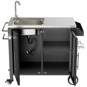 English Elm Outdoor Stainless Steel Grill Cart with Sink Cabinet Storage and Locking Wheels W3190P293812