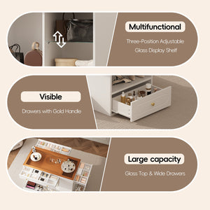 English Elm Closet Elegant walk-in island with glass display top, 6 drawers and open shelves for organized storage White 39.76 L x 17.32 W x 12.2 H N733S304513K