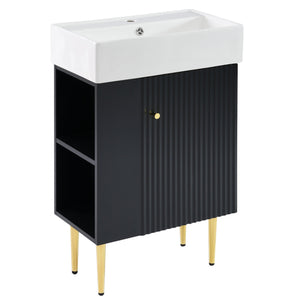 English Elm 21.6" Black Bathroom Vanity with Ceramic Sink, Left Side Storage, Gold Legs, Soft-Close Hinges and Triple-Coat Finish SV000007AAB