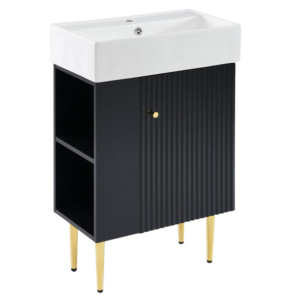 English Elm 21.6" Black Bathroom Vanity with Ceramic Sink, Left Side Storage, Gold Legs, Soft-Close Hinges and Triple-Coat Finish SV000007AAB