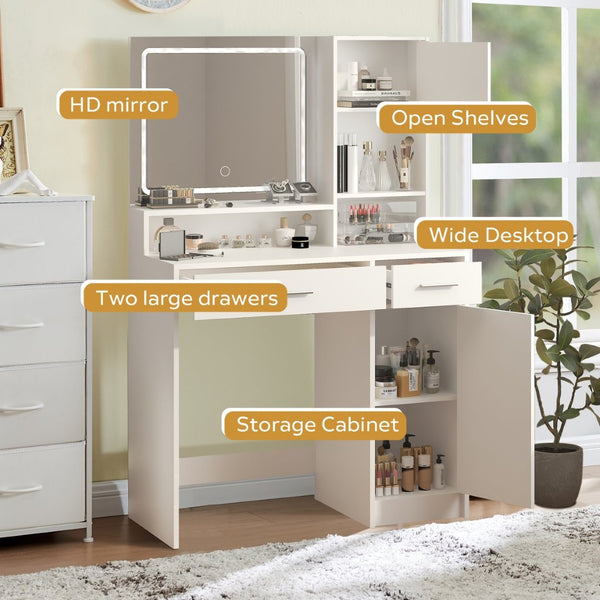 English Elm Vanity Desk With Adjustable Led Mirror, Spacious Storage & 3 Lighting Modes For Effortless Makeup W2386P233325-GIGA