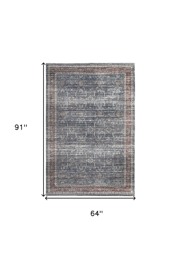 Homeroots 5' X 8' Blue Oriental Distressed Stain Resistant Area Rug  Polyester 478945