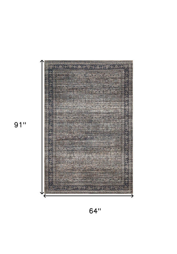 Homeroots 5' X 8' Brown And Blue Oriental Printed Distressed Area Rug  Polyester 478948