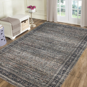 Homeroots 8' X 11' Gray And Ivory Oriental Power Loom Distressed Washable Area Rug  Polyester 478949