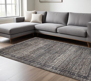 Homeroots 8' X 11' Gray And Ivory Oriental Power Loom Distressed Washable Area Rug  Polyester 478949