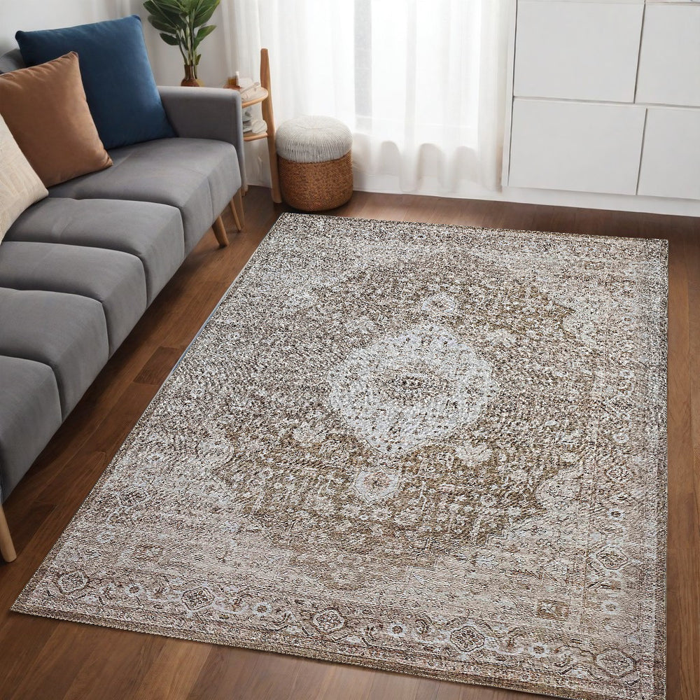 Homeroots 5' X 8' Beige Oriental Power Loom Distressed Stain Resistant Area Rug  Polyester 478954