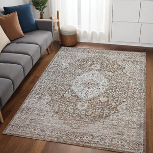 Homeroots 5' X 8' Beige Oriental Power Loom Distressed Stain Resistant Area Rug  Polyester 478954