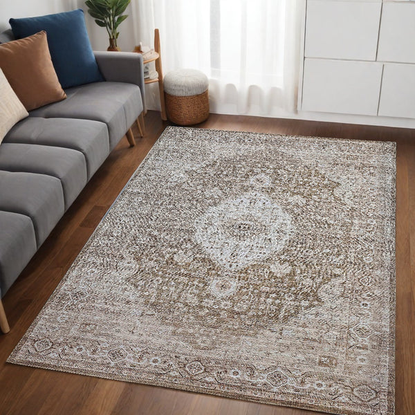 Homeroots 5' X 8' Beige Oriental Power Loom Distressed Stain Resistant Area Rug  Polyester 478954