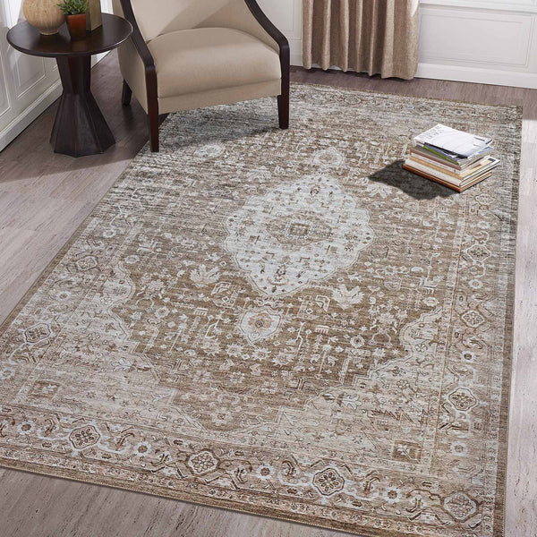 Homeroots 5' X 8' Beige Oriental Power Loom Distressed Stain Resistant Area Rug  Polyester 478954