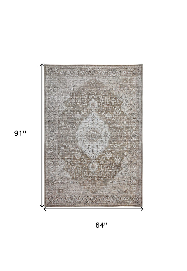 Homeroots 5' X 8' Beige Oriental Power Loom Distressed Stain Resistant Area Rug  Polyester 478954