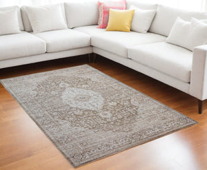 Homeroots 8' X 11' Beige Oriental Power Loom Distressed Stain Resistant Area Rug  Polyester 478955