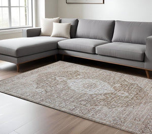 HomeRoots 5' Beige Oriental Area Rug - Vintage-Inspired, Stain-Resistant, Durable, Perfect for High-Traffic Spaces 8' X 11' 478955