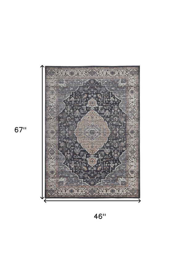 Homeroots 4' X 6' Black Oriental Power Loom Stain Resistant Area Rug  Polyester 478956