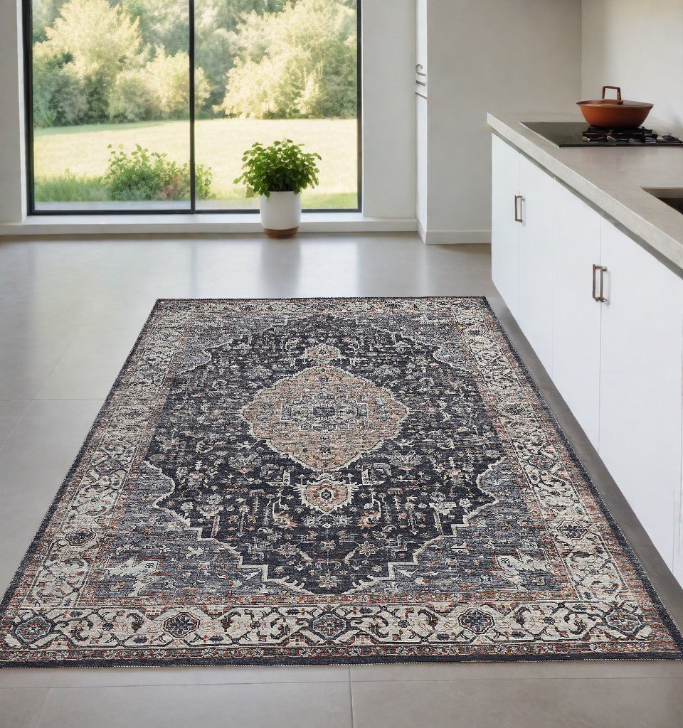 Homeroots 4' X 6' Black Oriental Power Loom Stain Resistant Area Rug  Polyester 478956