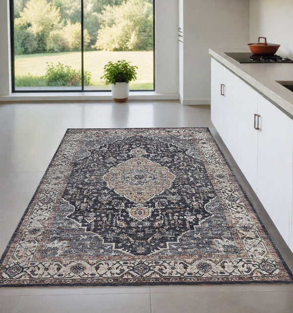 Homeroots 4' X 6' Black Oriental Power Loom Stain Resistant Area Rug  Polyester 478956