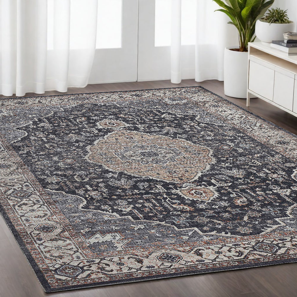 Homeroots 5' X 8' Black Oriental Stain Resistant Area Rug  Polyester 478957