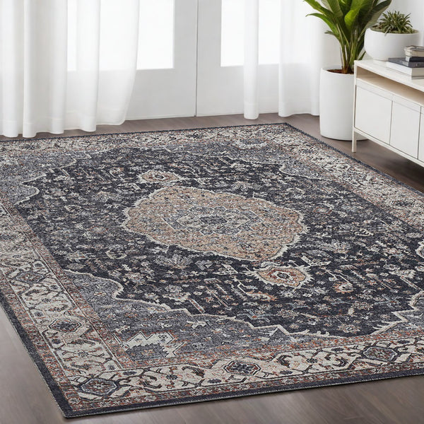 Homeroots 5' X 8' Black Oriental Stain Resistant Area Rug  Polyester 478957