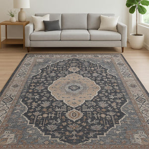 HomeRoots 5' Timeless Black Oriental Area Rug with Blue Accents - Stain Resistant for Homes with Kids & Pets 8' X 10' 478958