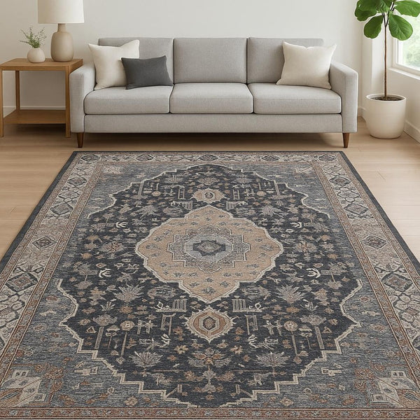 HomeRoots 5' Timeless Black Oriental Area Rug with Blue Accents - Stain Resistant for Homes with Kids & Pets 8' X 10' 478958