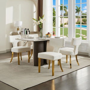 English Elm Mid Mid Century Modern Dining Chair Set with Curved Copper-Nail Backrest, High-Density Foam Seat, Brushed Stainless Legs Beige W1143P314902