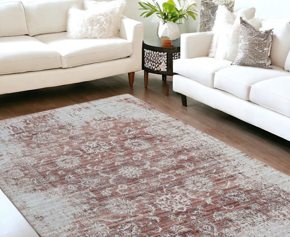 Homeroots 8' X 10' Rust Oriental Distressed Stain Resistant Area Rug  Polyester 478973