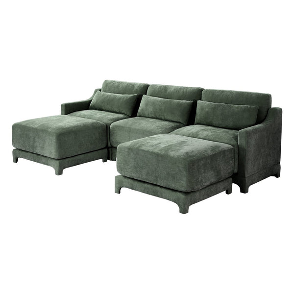 English Elm Three-Seater Sofa Set With 2 Ottomans & Lumbar Pillow, Elegant Chenille, Durable & Stylish Green Design W714S01218-GIGA