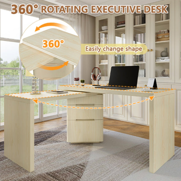 English Elm 90" Rotating L-shape Executive Desk Natural Melamine Mdf Surface Three Drawers Home Office Natural Wood N751S383638K