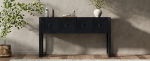 English Elm [video] Art Deco Console Table Geometric Carved Fronts Fluted Legs 3 Soft-close Drawers Black N759P433572B