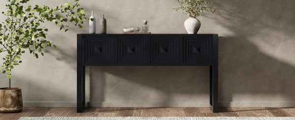 English Elm [video] Art Deco Console Table Geometric Carved Fronts Fluted Legs 3 Soft-close Drawers Black N759P433572B
