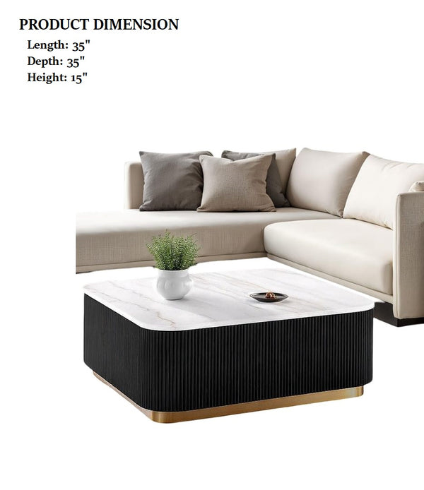 English Elm 3pc Modern Living Room Table Set with Open Bottom Shelf and Plinth Base in Medium Finish, Stylish centerpiece for seating areas Black,Gold,White 38 L x 38 W x 17 H B2741S00655