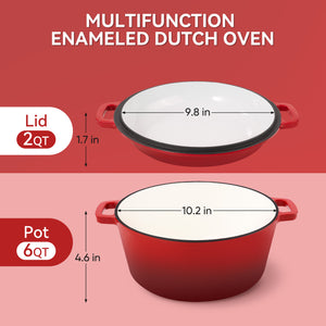 English Elm Enamel Cast Iron Dutch Oven 6QT with 2QT Lid — Versatile 2-in-1 Stew Pot and Frying Pan Set for Home Cooking Red T3950P391585