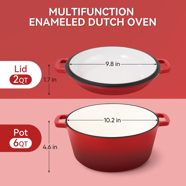 English Elm Enamel Cast Iron Dutch Oven 6QT with 2QT Lid — Versatile 2-in-1 Stew Pot and Frying Pan Set for Home Cooking Red T3950P391585