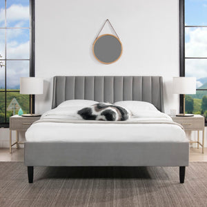 English Elm Aspen Vertical Tufted Modern Headboard Platform Bed Set, Queen, Opal Grey Velvet