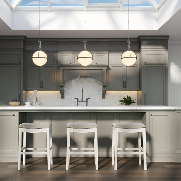 English Elm 31in. Farmhouse Whitewash Hardwood Barstool Nailhead Upholstered Seat Kitchen Island Accent White B2751P436419