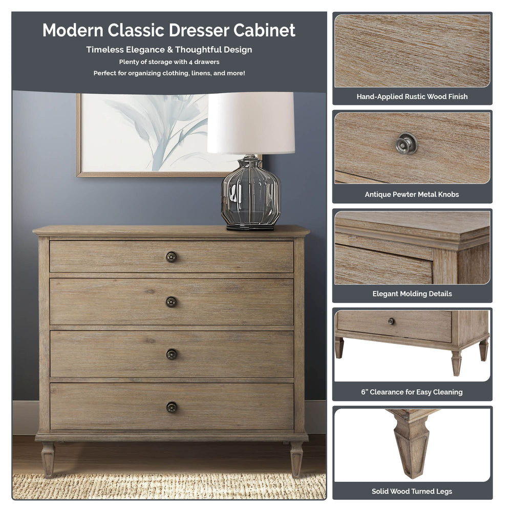 JLA Home Madison Park Signature - 4-drawer Victorian-style dresser with antique-finish wood, dovetail drawers, metal knobs, anti-tip safety Antique Cream MPS137-0315