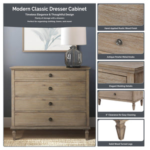 JLA Home Madison Park Signature - 4-drawer Victorian-style dresser with antique-finish wood, dovetail drawers, metal knobs, anti-tip safety Reclaimed Grey MPS137-0322