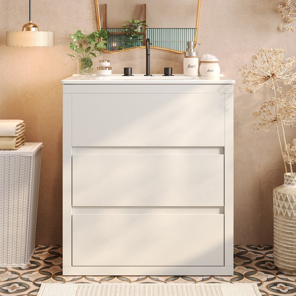 English Elm Christopher Knight Home® - 30" Bathroom Vanity with Ceramic Sink, 2 Soft-Close Full-Extension Drawers, Handle-Free 45° Design, Durable MDF White N817P280549W