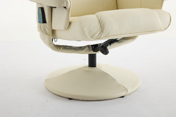 English Elm 011-Massage Recliner Chair with Ottoman, 360° Swivel PU Leather, 5-Point Vibration Massage, Heated Seat, 140° Backrest Comfort Beige W2636P262427